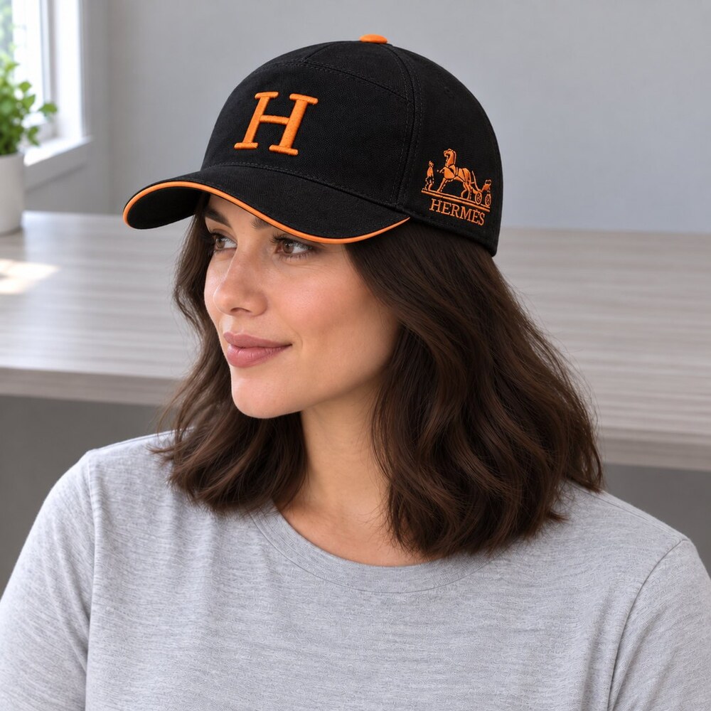 Hermes Black Orange H Logo Cap - Picture 2 of 6